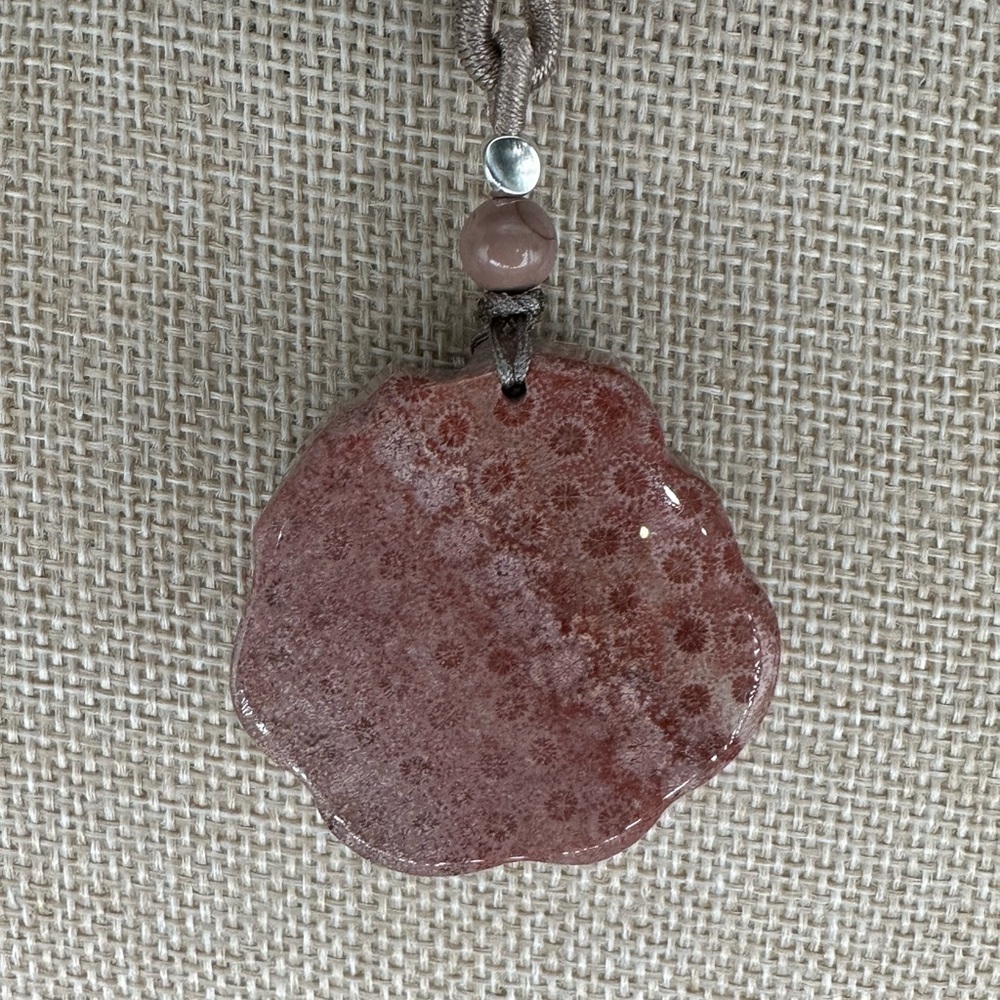 Pink Coral Fossil Sleeping Nine Tail Fox Pendant Necklace; Adjustable Rope - Picture 10 of 16